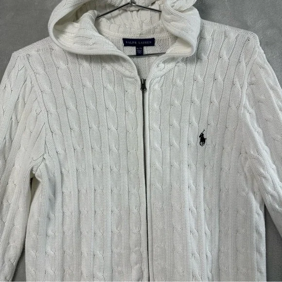 Vtg Ralph Lauren Cable Knit Full Zip Hoodie Sweater Womens XL White Preppy READ - Picture 2 of 13